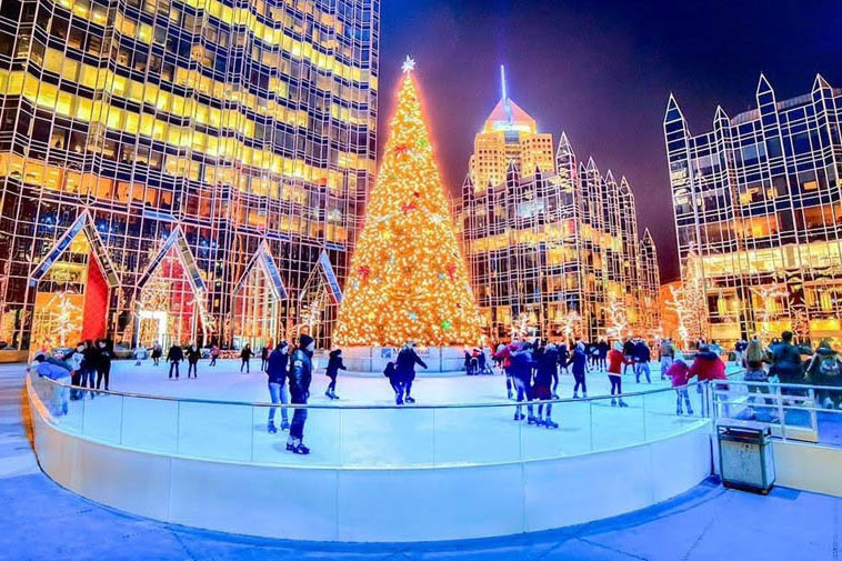 Outdoor ice skating near Pittsburgh at UPMC Rink at PPG Place, a festive hub of winter activities and holiday traditions.